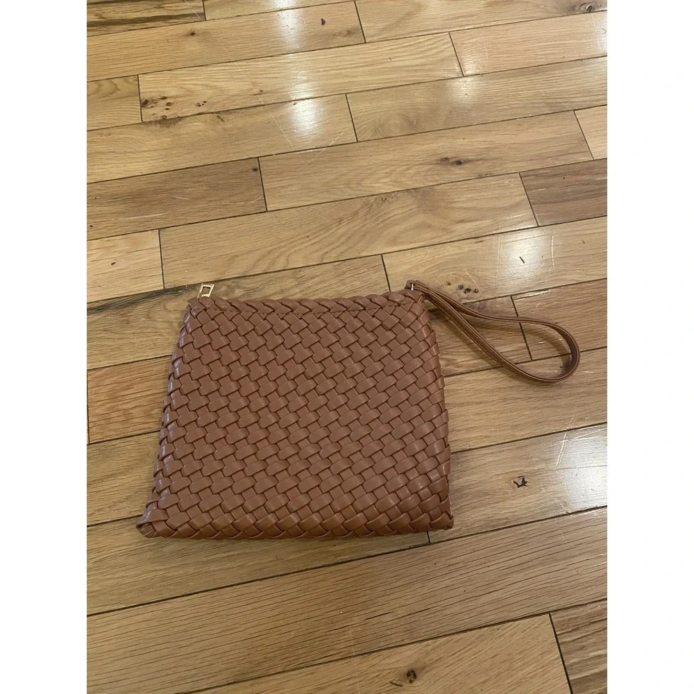 Rachel Zoe Woven Leather Wristlet Clutch in Brown
